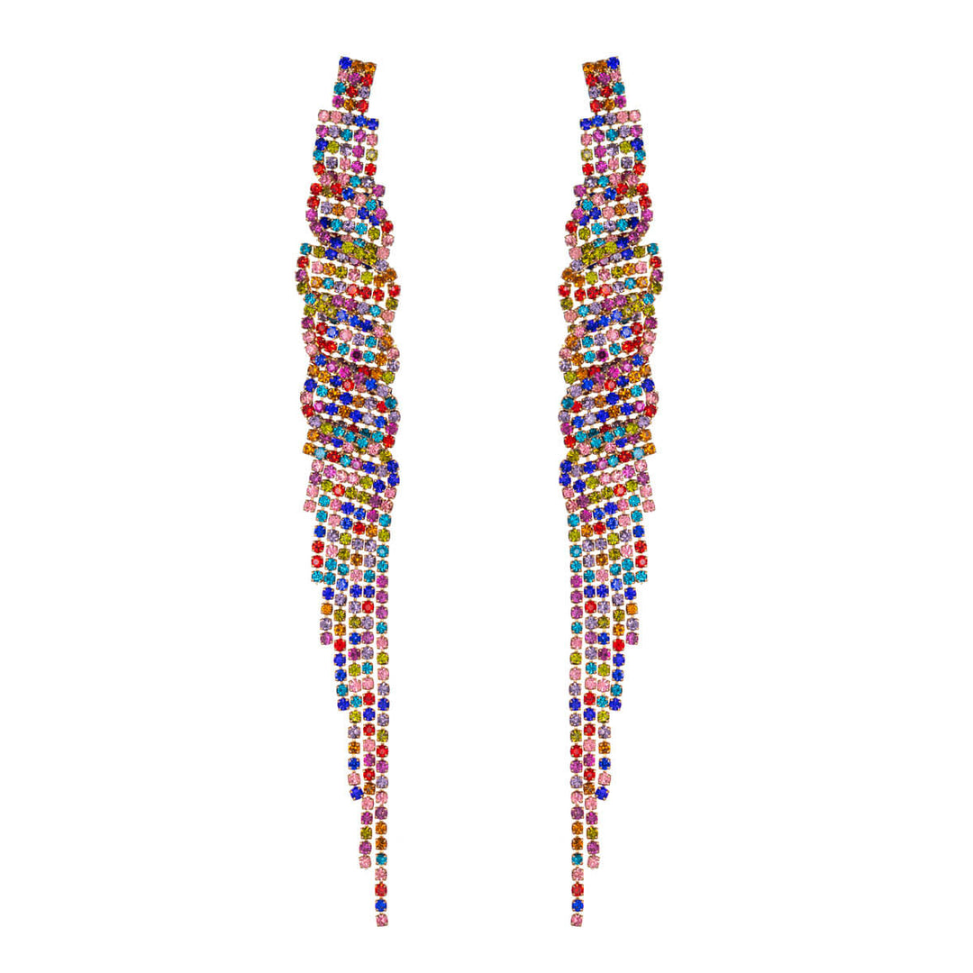 Long party earrings with hanging rhinestones