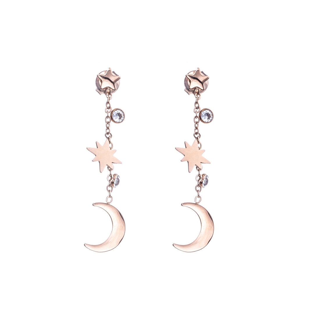 Hanging chain earrings with star and moon (Steel 316L)