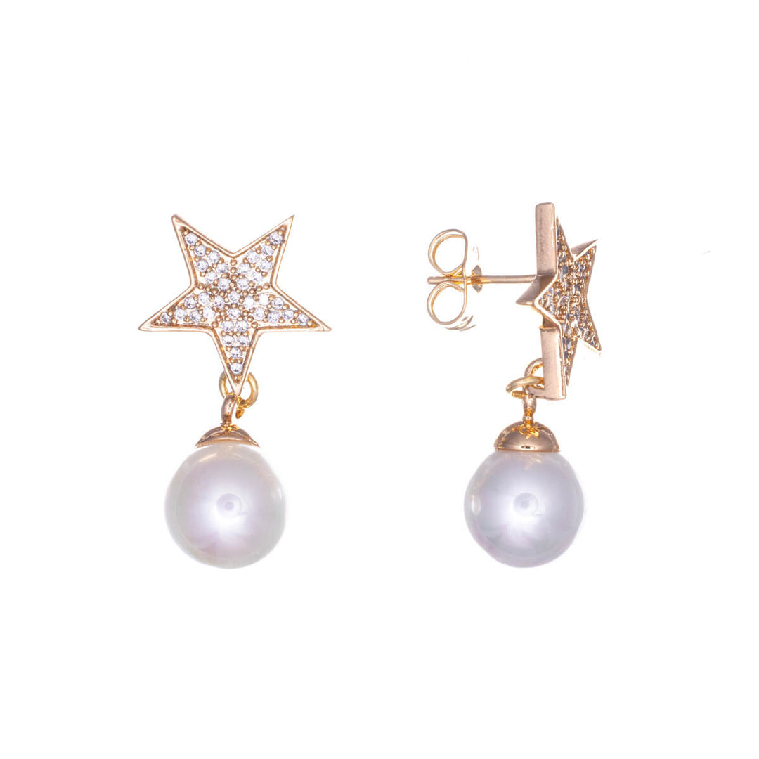 Star hanging pearl earring with zirconia stones