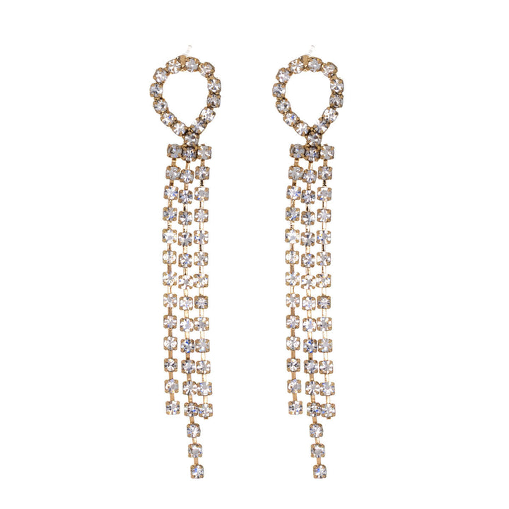 Tre rader av hängande örhängen med strassstenar