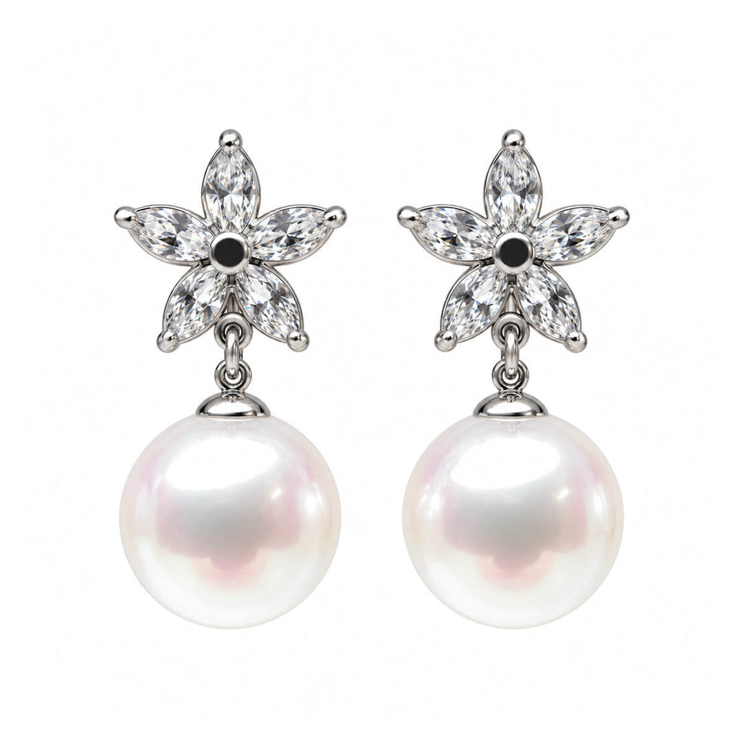 Zirconia Flower Earrings with Pearl Pendants (316L Stainless Steel)