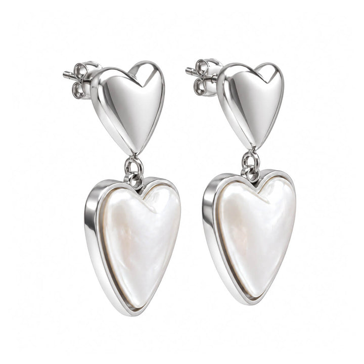 Dangle heart earrings with a pearl heart pendant (316L stainless steel)