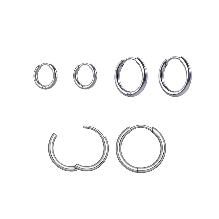 Small steel ear rings, set of 3 pairs (8 mm, 10 mm, and 12 mm)