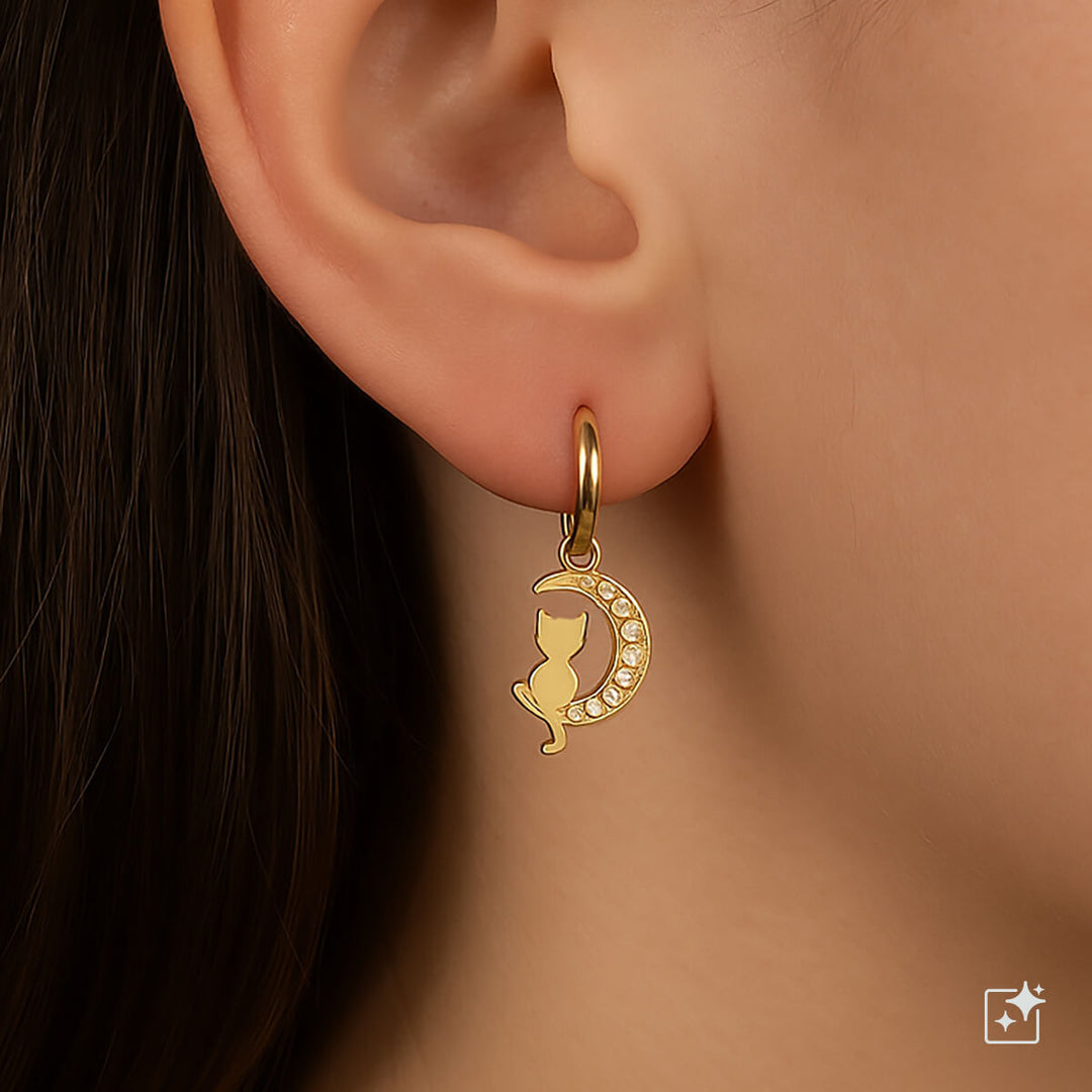 Cat crescent moon pendant earrings with zirconia stones (Steel 316L)