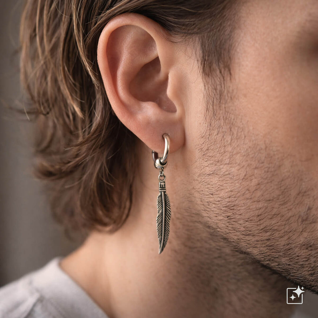 Långa örhängen med fjäder och kula – kirurgiskt stål (316L)