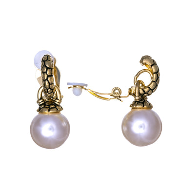 Curved half ring clip earrings with pearl pendant