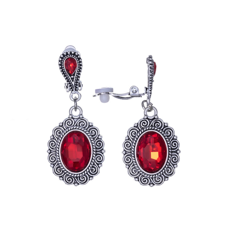 Hanging oval clip-on earrings with glass stones