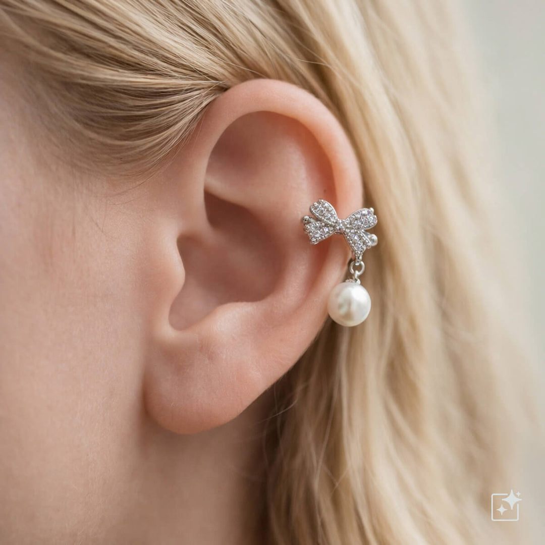 Zirconia bow rustic necklace pearl pendant ear cuff