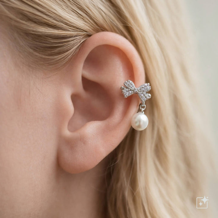 Zirconia bow rustic necklace pearl pendant ear cuff