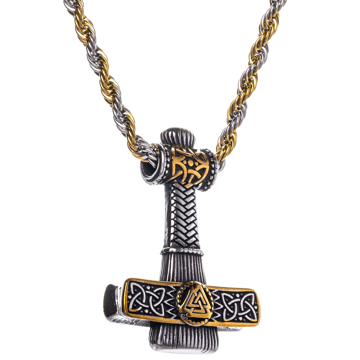 Two-tone Thor's hammer Mjölnir pendant necklace with Aegishjalmur symbol (Steel 316L)