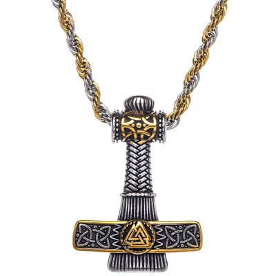 Two-tone Thor's hammer Mjölnir pendant necklace with Aegishjalmur symbol (Steel 316L)