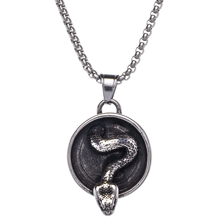 Round pendant necklace with snake decoration (Steel 316L)