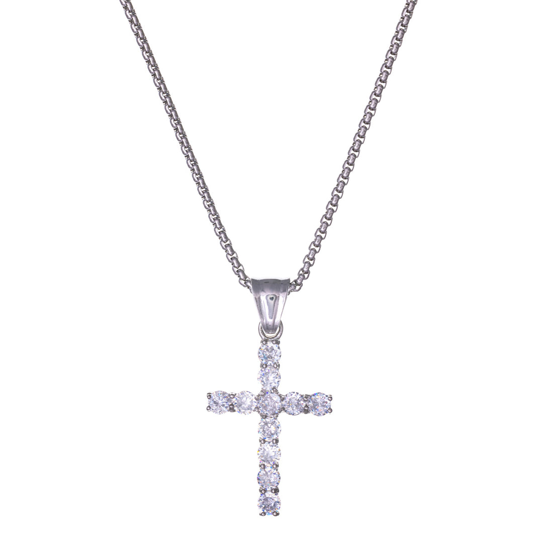 Zirconia cross pendant steel necklace 59cm (Steel 316L)