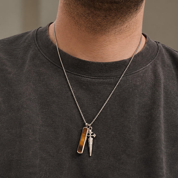 Necklace with dagger and stone pendant, 55 cm (316L stainless steel)