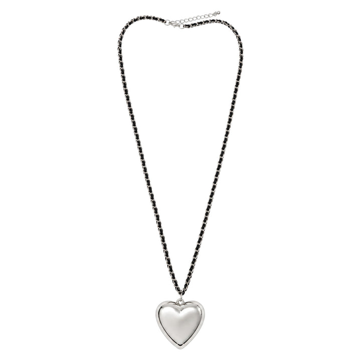 Long black necklace with a silver heart pendant