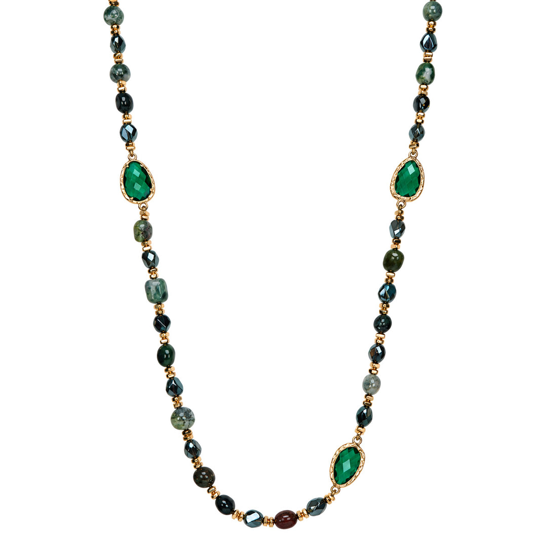 Dark green long necklaces with glass and stone beads