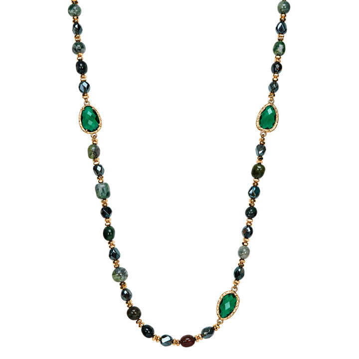 Dark green long necklaces with glass and stone beads