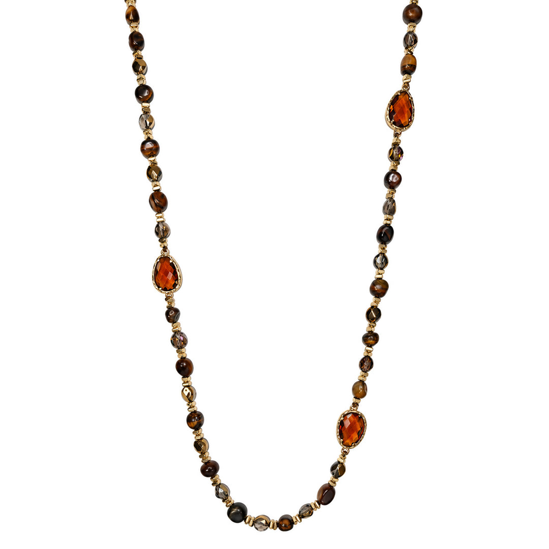Long brown necklaces with amber-colored beads