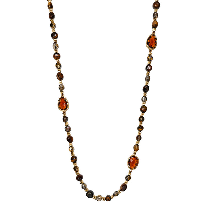 Long brown necklaces with amber-colored beads
