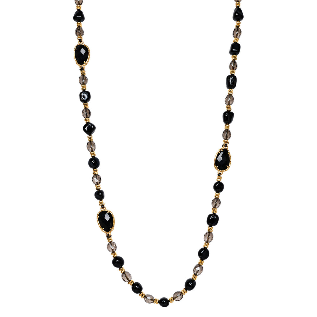 Black long necklaces with glass and stone beads