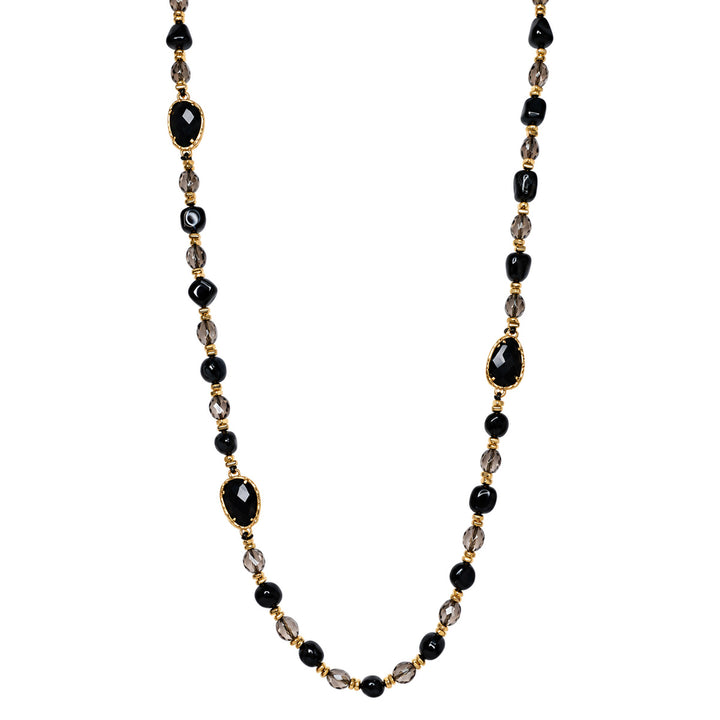 Black long necklaces with glass and stone beads