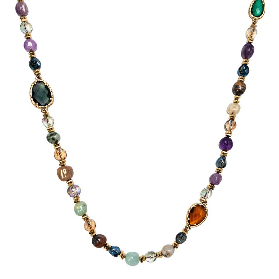 Multicolored long necklaces with glass and stone beads