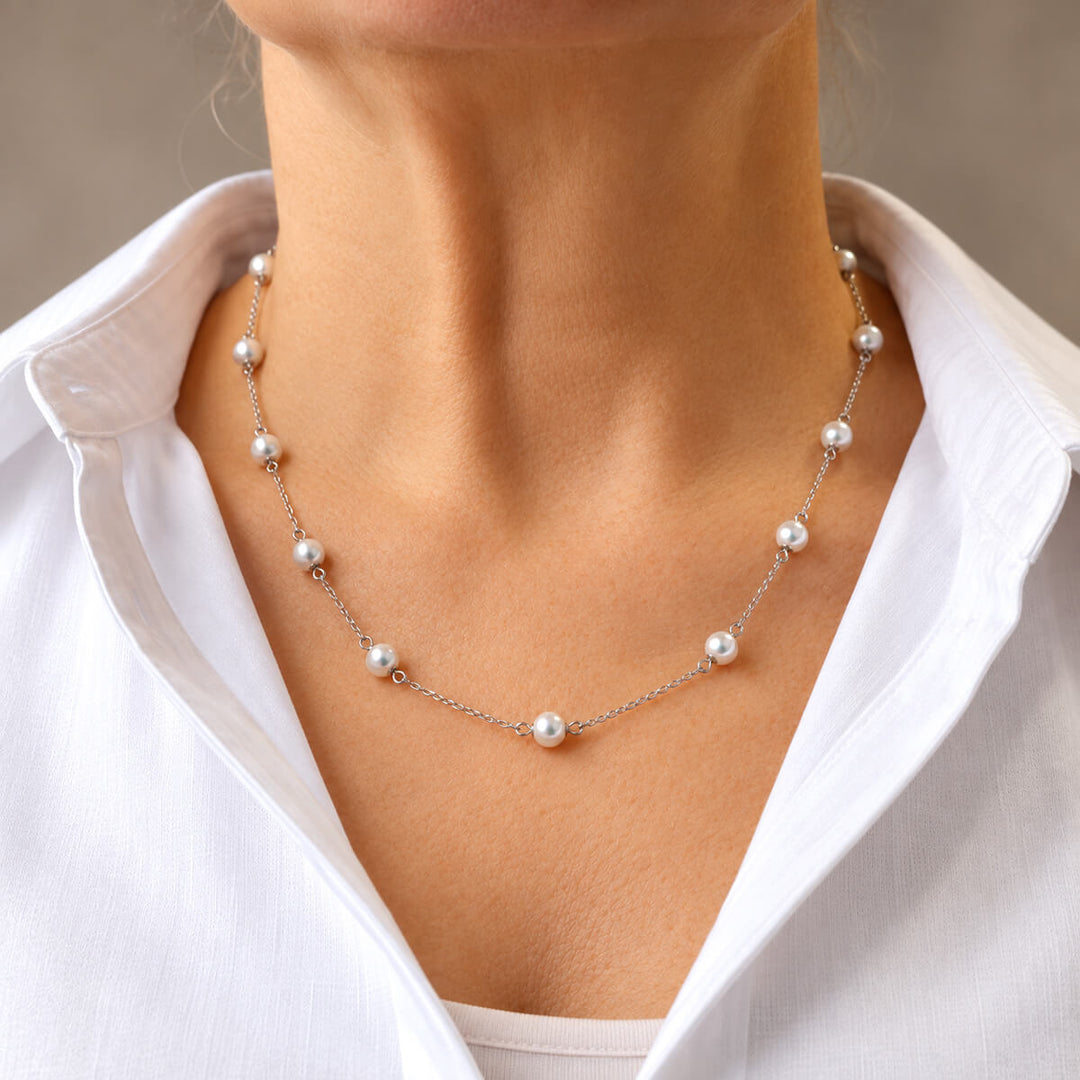 Bead Necklace with Steel Chain, 50 cm – White Beads