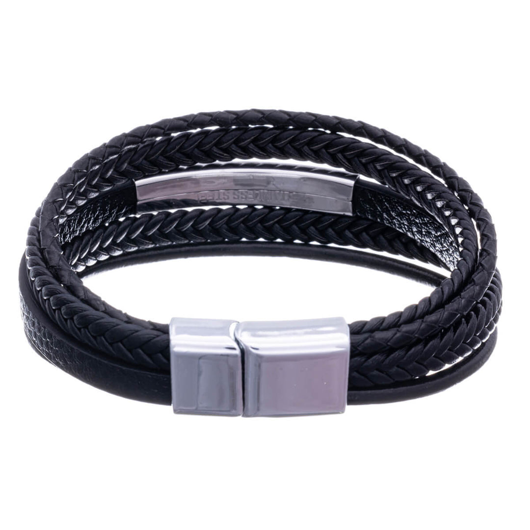 Five row leather bracelet with steel plate