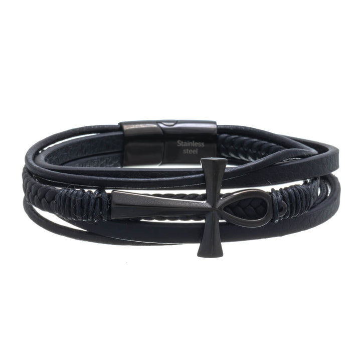 Multi row leather bracelet with cross (Steel 316L)