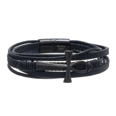 Multi row leather bracelet with cross (Steel 316L)