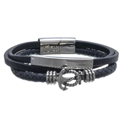 Plain leather bracelet with anchor (Steel 316L)