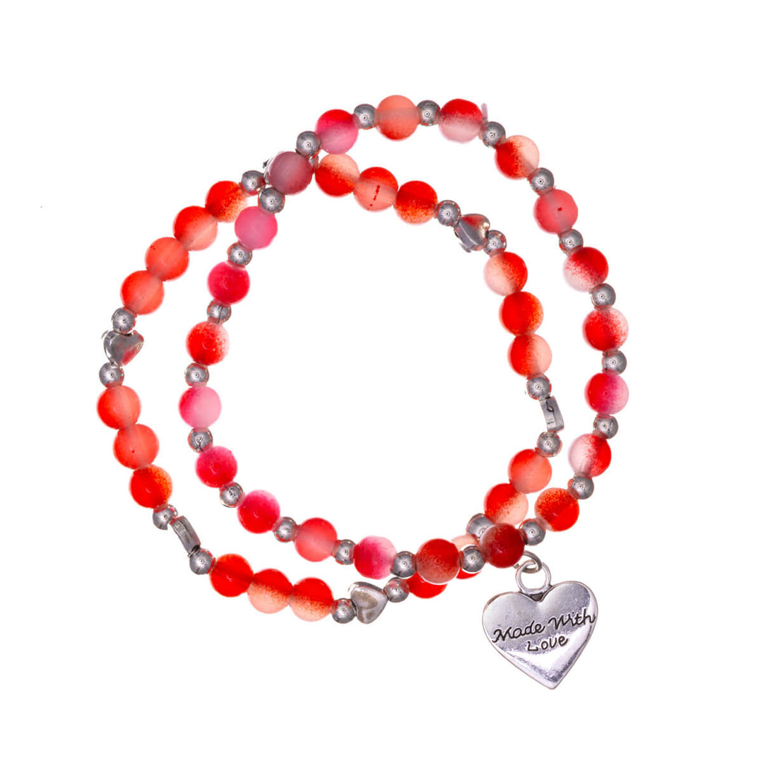 Flexible beaded bracelet with heart pendant 2pcs