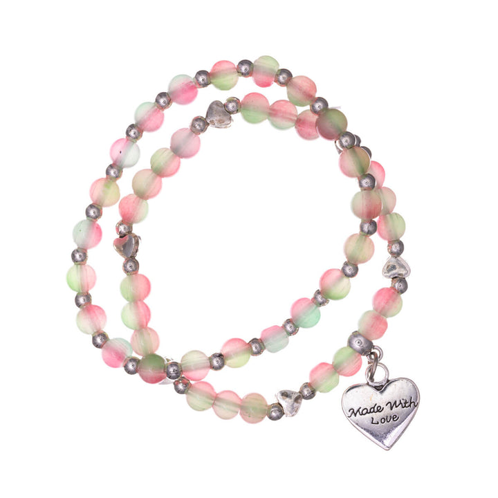 Flexible beaded bracelet with heart pendant 2pcs