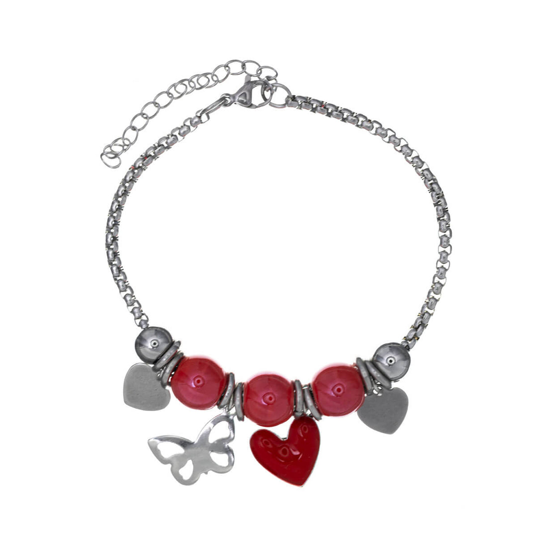 Bracelet with colourful beads and heart pendants (Steel 316L)