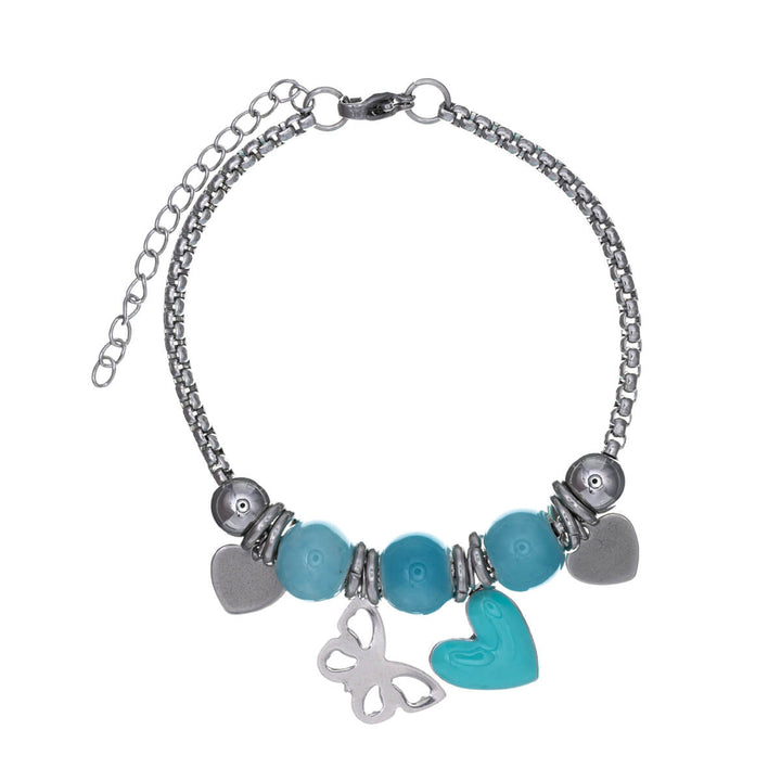 Bracelet with colourful beads and heart pendants (Steel 316L)