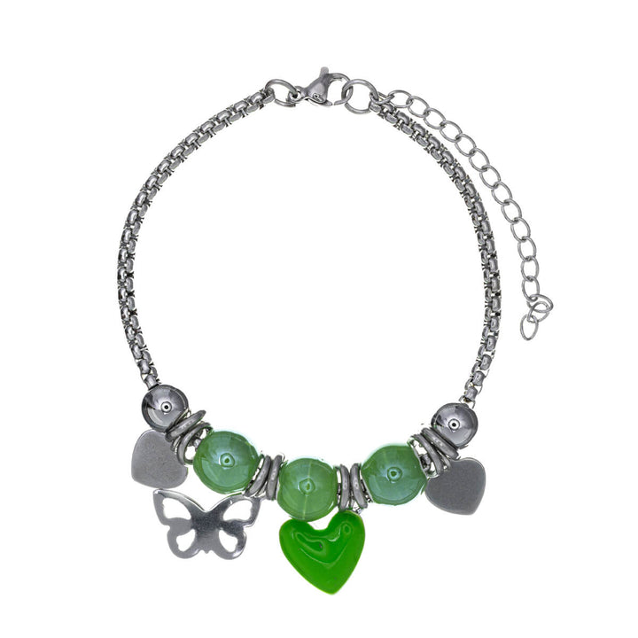 Bracelet with colourful beads and heart pendants (Steel 316L)