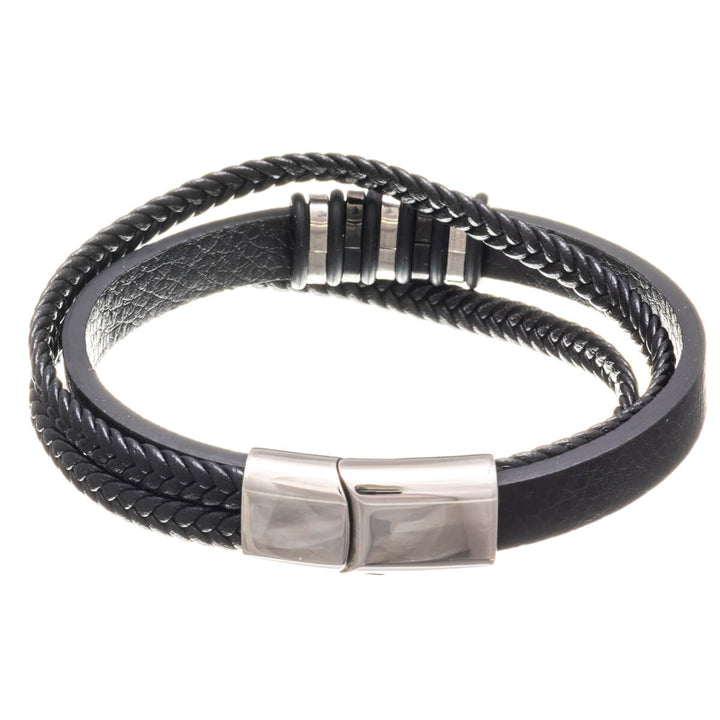 Multi row leather bracelet with steel ornaments (Steel 316L)