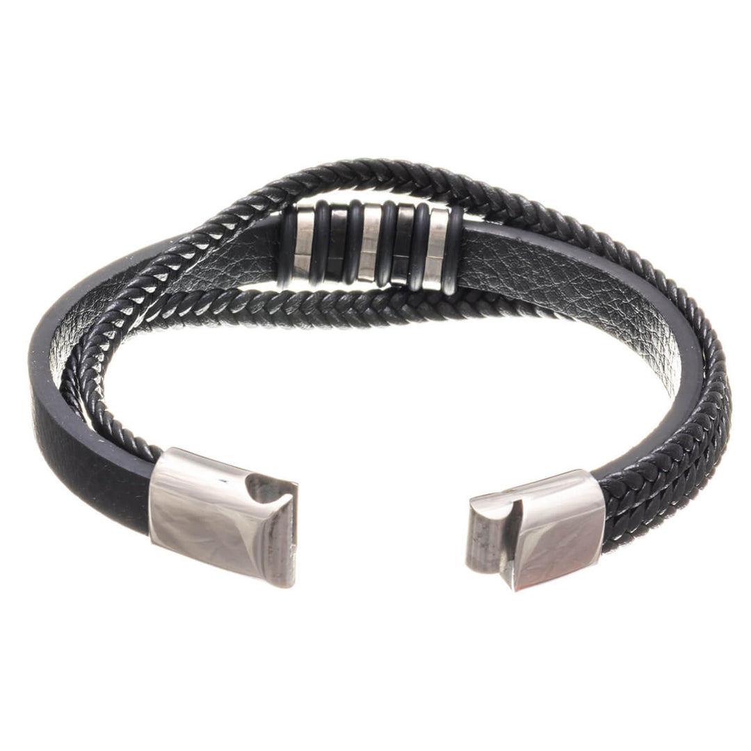 Multi row leather bracelet with steel ornaments (Steel 316L)