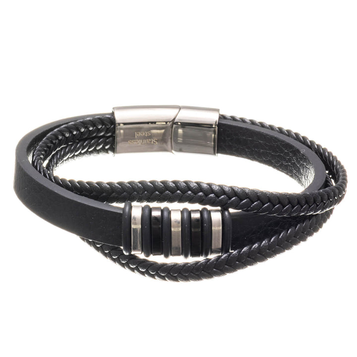 Multi row leather bracelet with steel ornaments (Steel 316L)