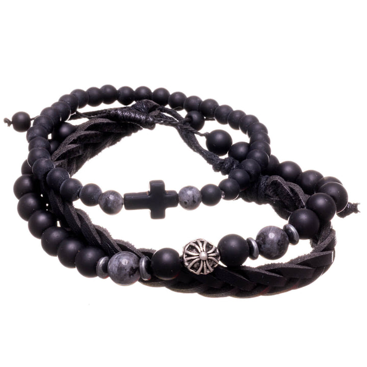 Men's bracelet set, 3 pieces – Black leather & pearl bracelets