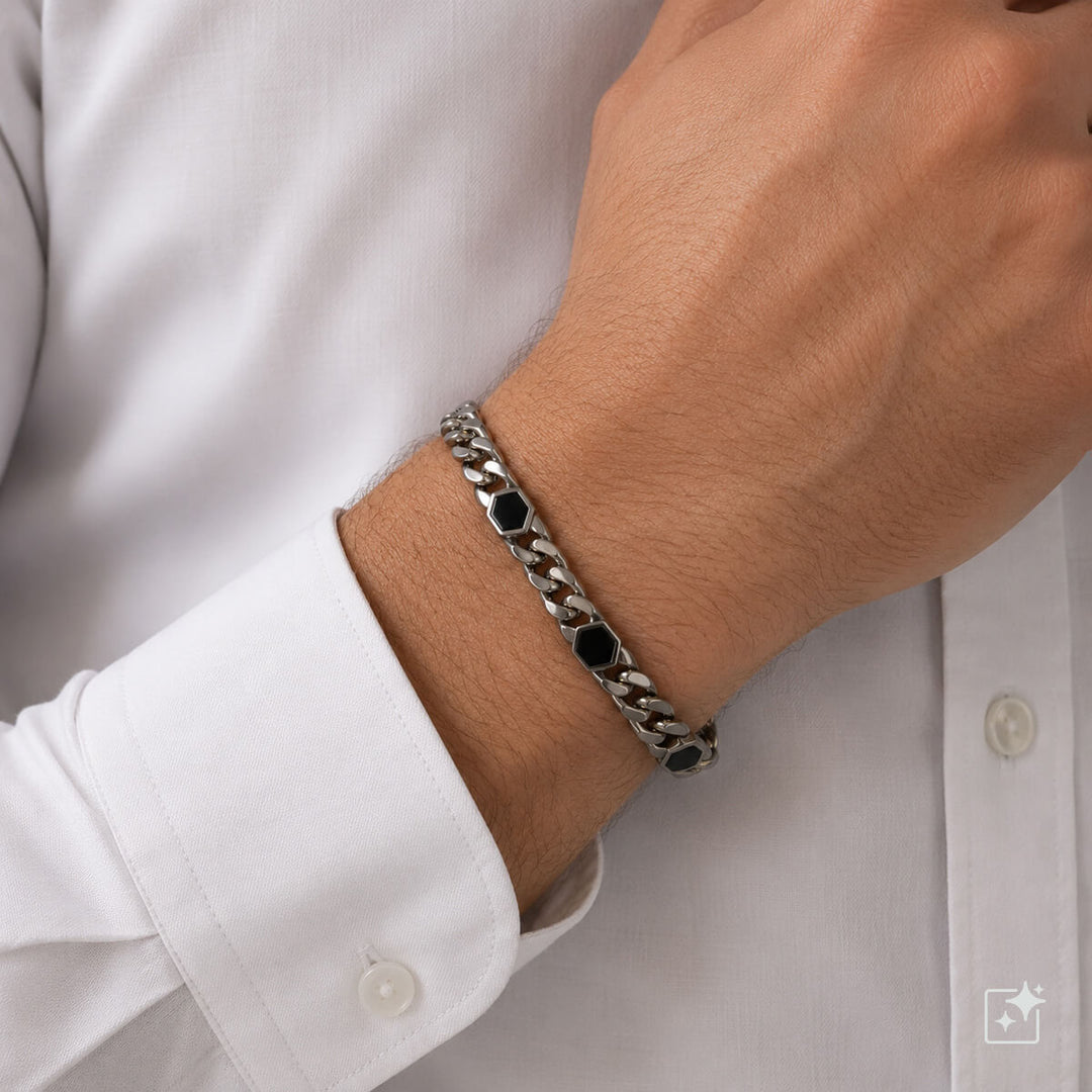 Armband i pansarkedja med svarta dekorativa detaljer (316L-stål)