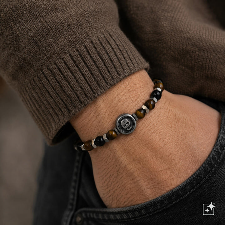 Armband med stenpärlor och dödskalle- och korssymboler (316L-stål)