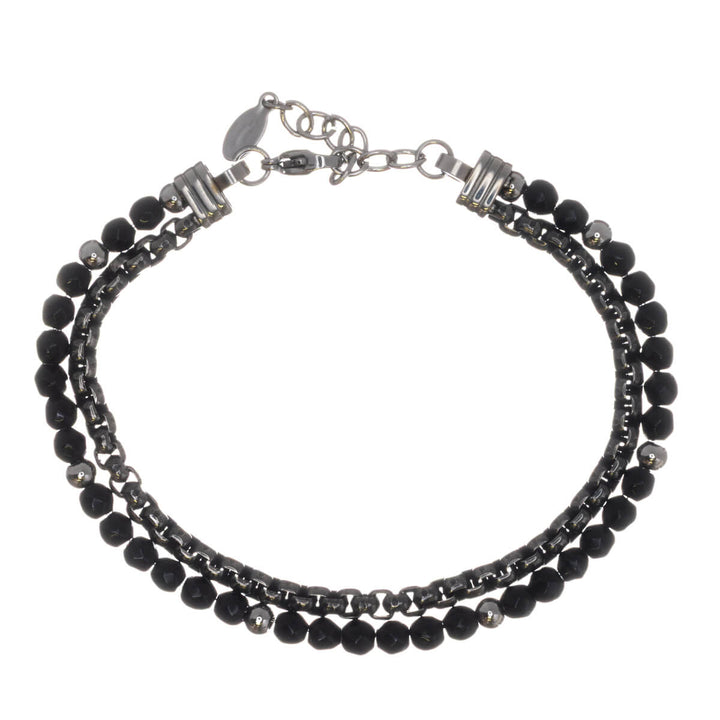 Men's double-row steel bracelet with round black stones (316L steel)