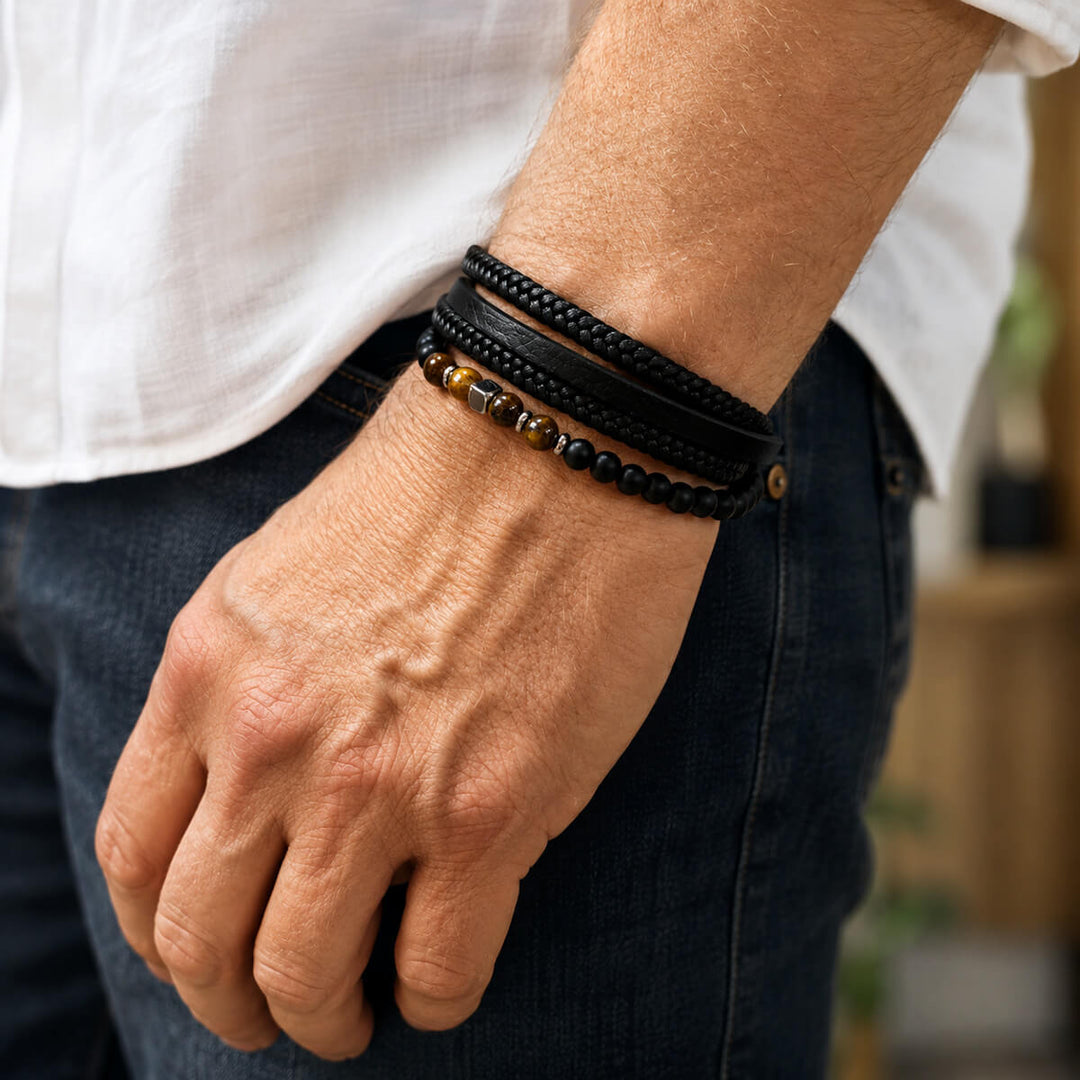 Multi-row leather bracelet with stone beads (316L stainless steel)