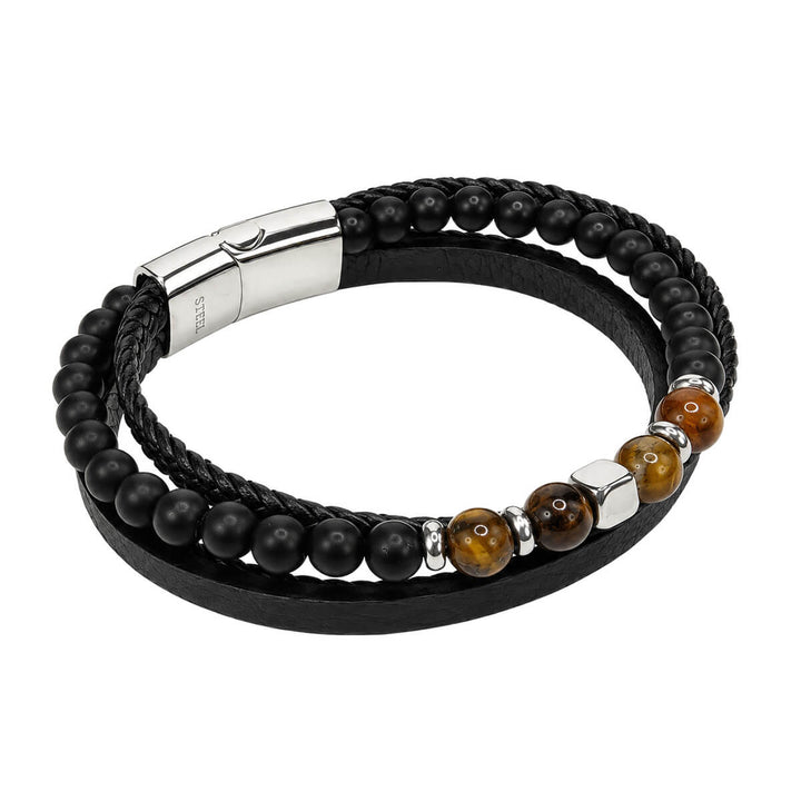 Multi-row leather bracelet with stone beads (316L stainless steel)