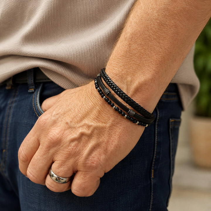Three-row leather bracelet with stone beads (316L stainless steel)