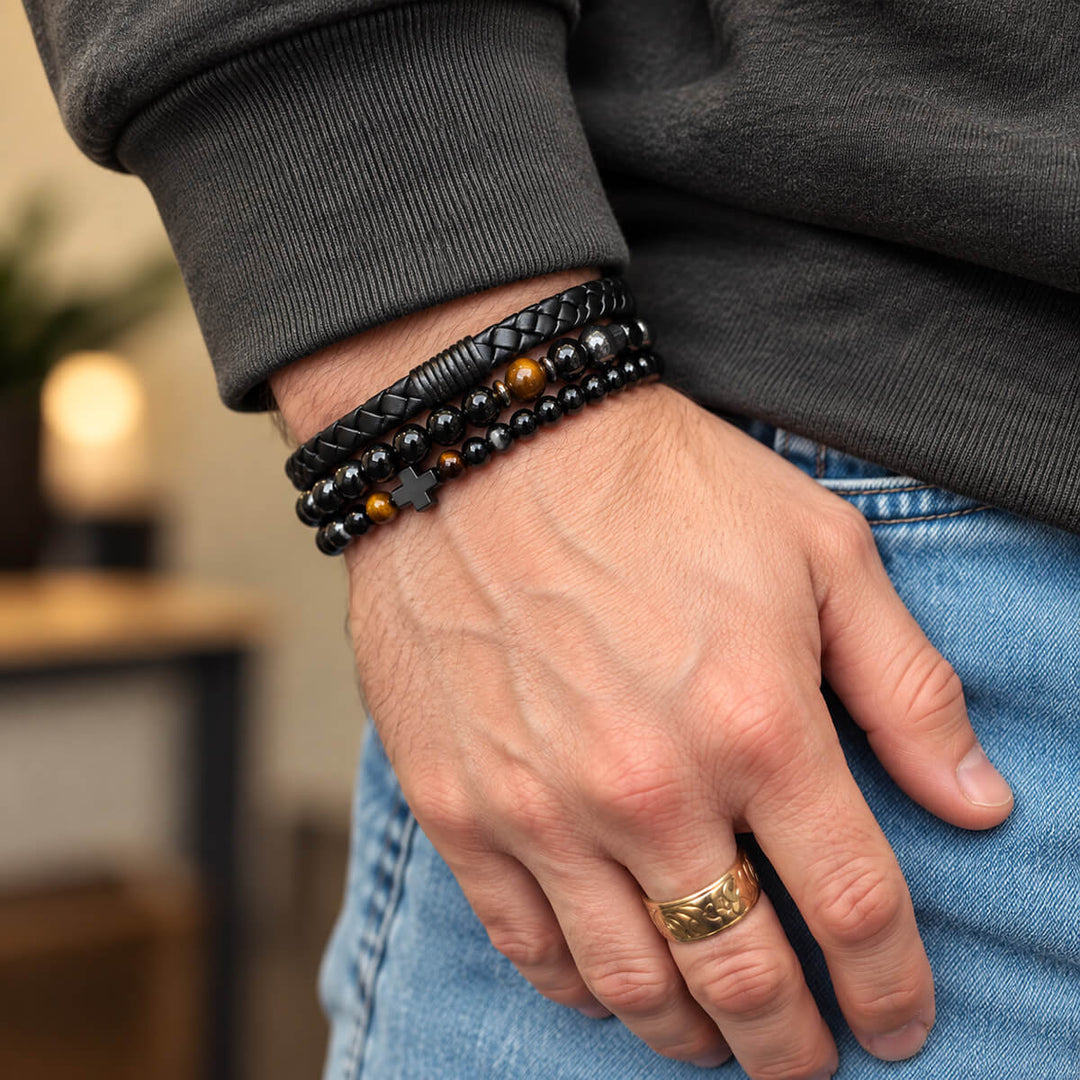 Armbandsset för män, 3 delar – Brown Cross Buddha