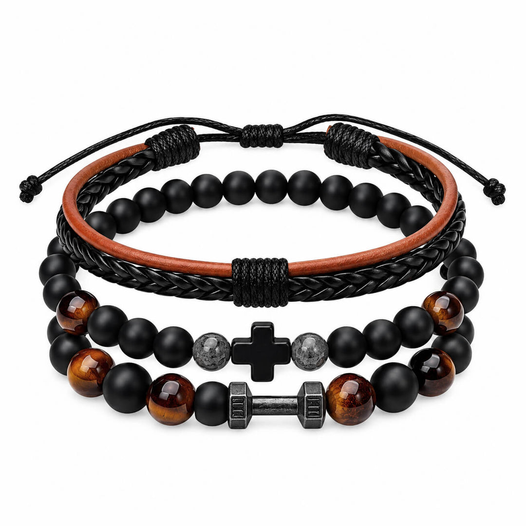 Armbandsset för män, 3 delar – Bruna pärlor, kors och hantel