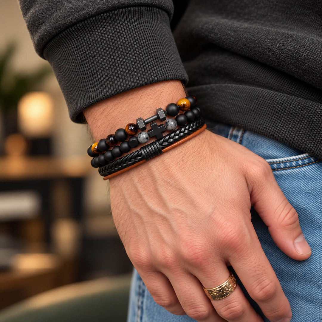 Armbandsset för män, 3 delar – Bruna pärlor, kors och hantel