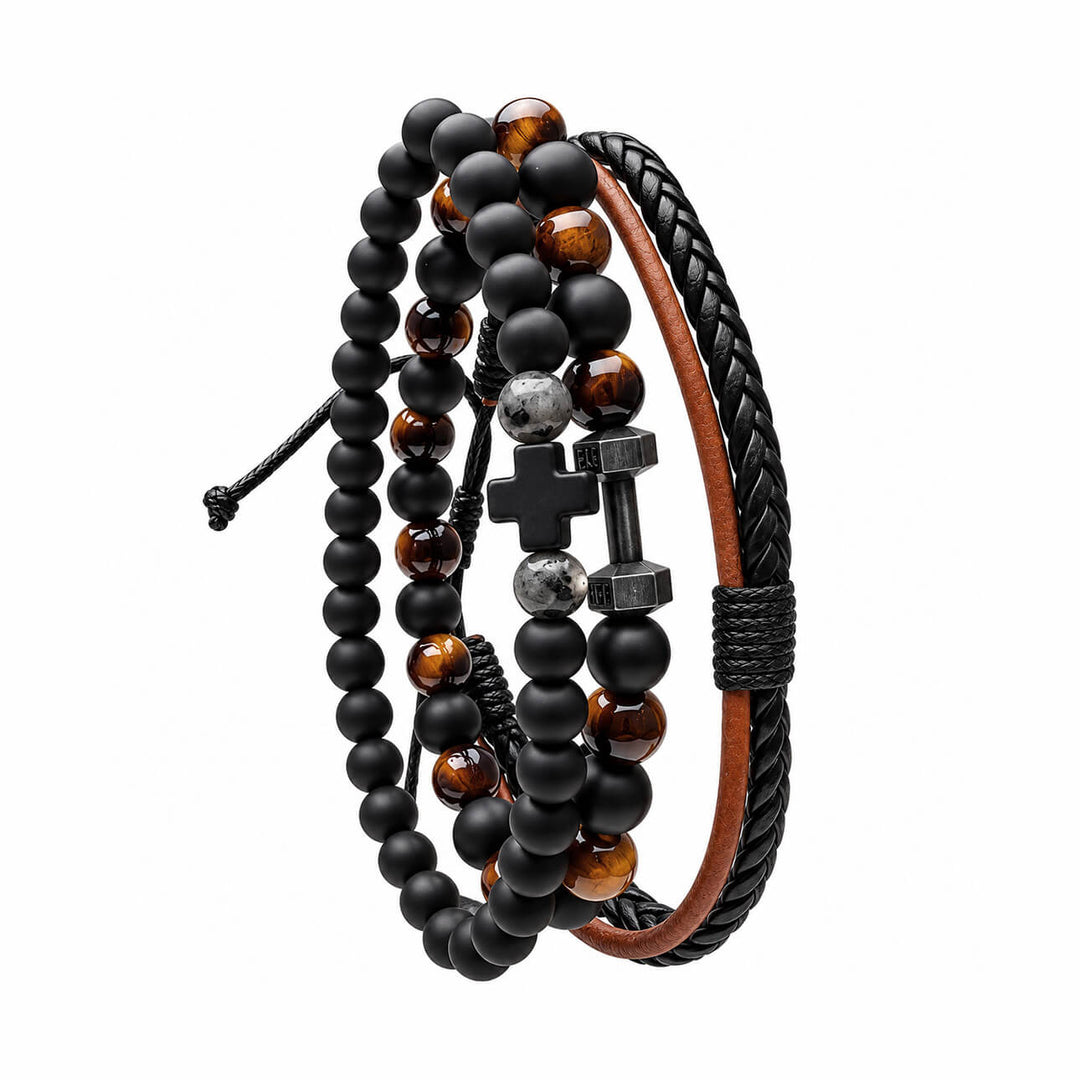 Armbandsset för män, 3 delar – Bruna pärlor, kors och hantel